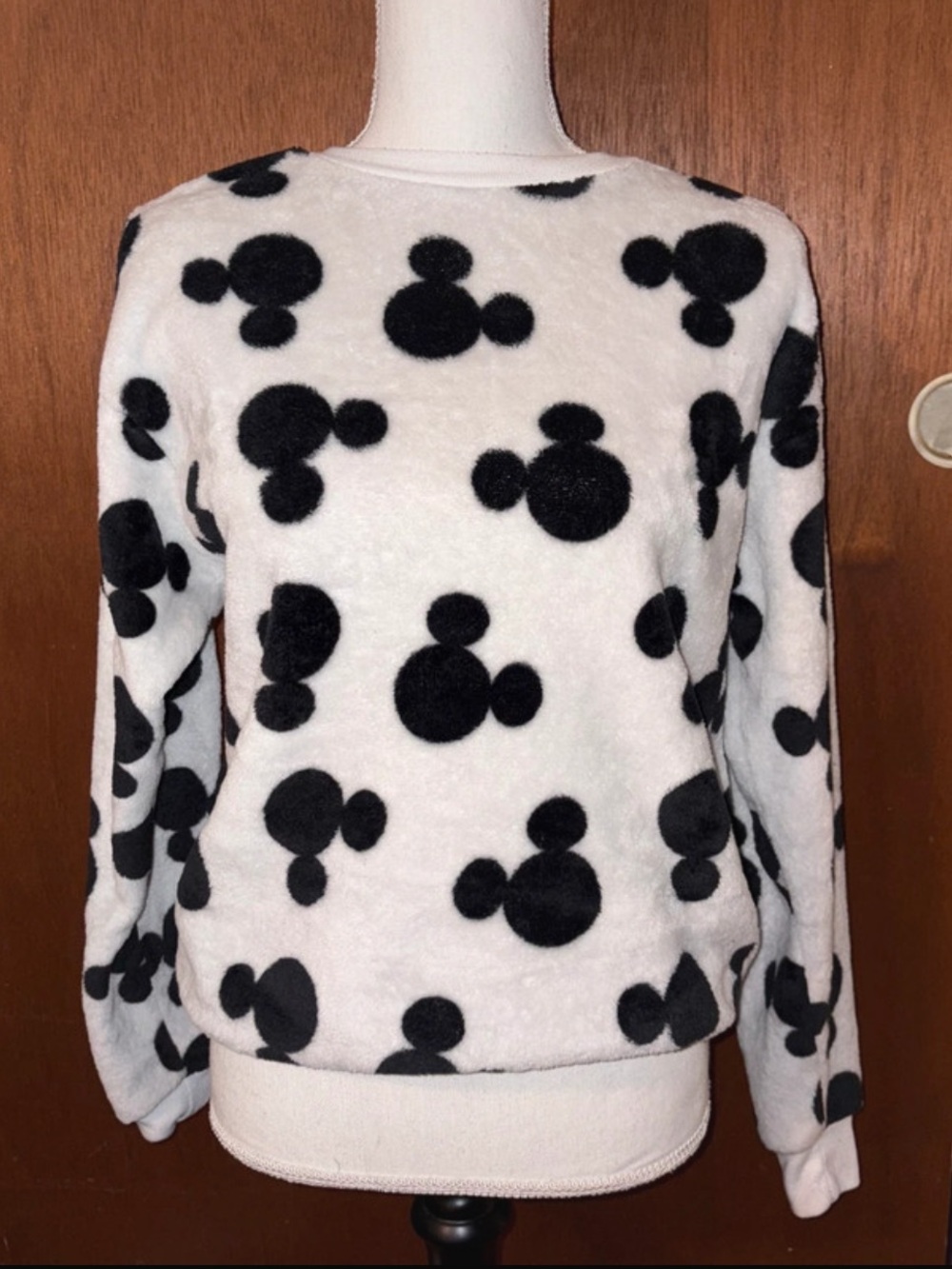 Disney Women's White Crewneck Sweater with Black Mickey Head Pattern